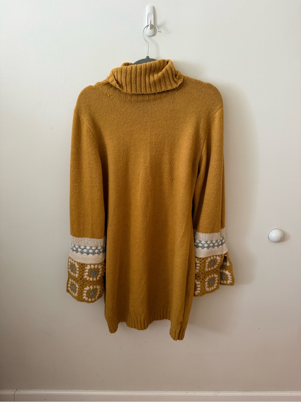Lulu's Mustard Turtleneck Sweater Dress with Patterned Bell Sleeves